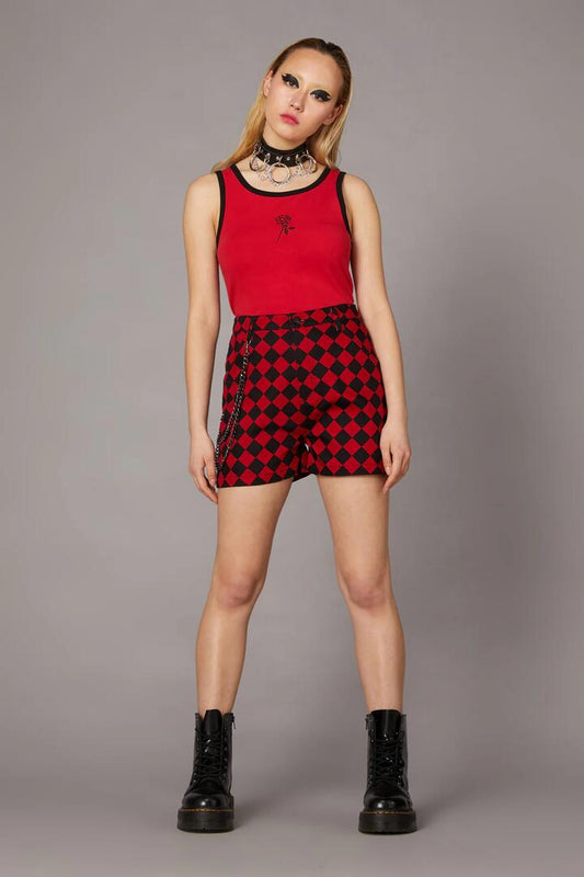 Image of a model wearing Shorts. Productname: Checkmate Goth Short in Black/Red colour by brand - Black Friday