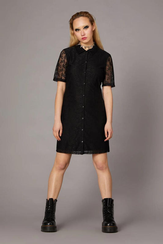 Image of a model wearing Dress. Productname: Lace Goth Dress in Black colour by brand - Black Friday