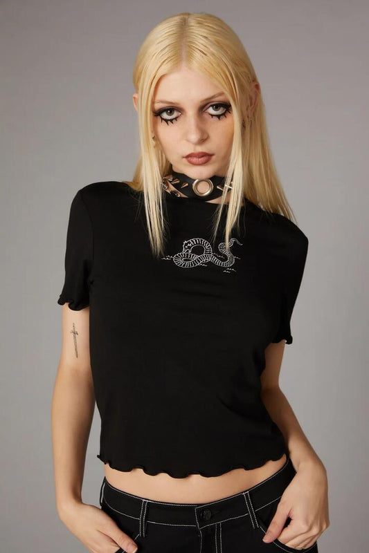 Image of a model wearing Tops. Productname: Sea Monster Embroidered Tee in Black colour by brand - Black Friday