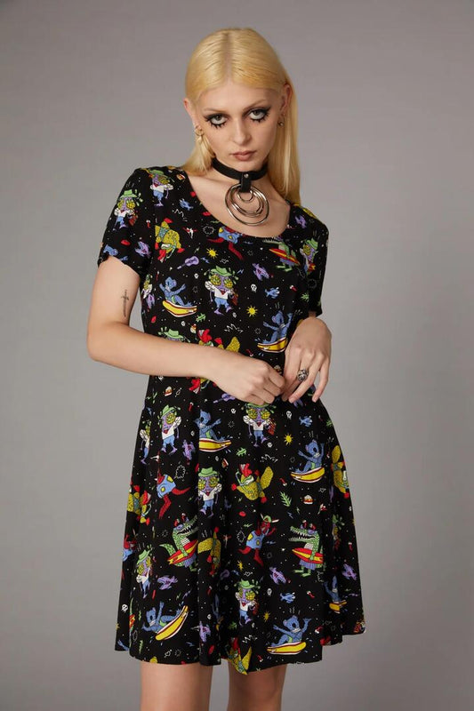 Image of a model wearing Dress. Productname: Surfing Creatures Print Dress in Black colour by brand - Black Friday