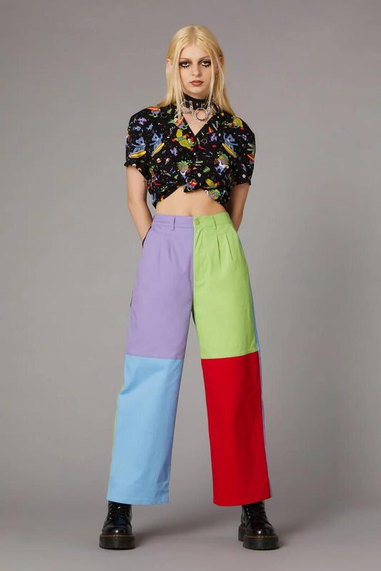 Image of a model wearing Pants. Productname: 80S Colour Block Pant in Multi colour by brand - Black Friday