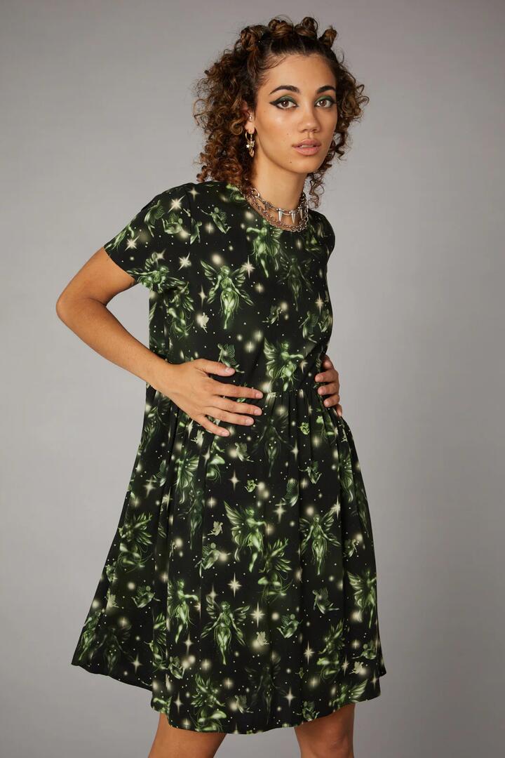 Image of a model wearing Dress. Productname: Forest Fairy Print Dress in Black/Green colour by brand - Black Friday