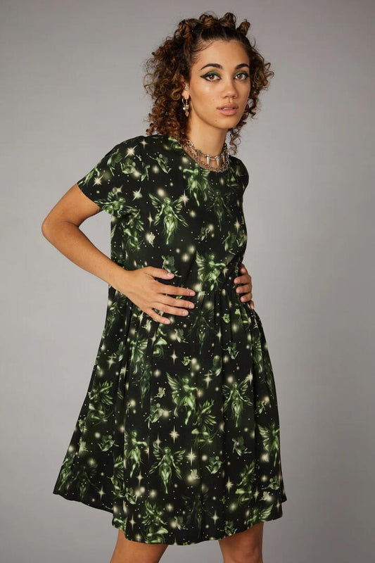 Image of a model wearing Dress. Productname: Forest Fairy Print Dress in Black/Green colour by brand - Black Friday