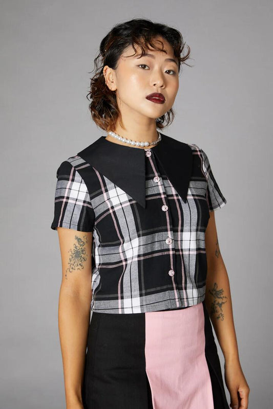 Image of a model wearing Tops. Productname: Nancy Pink Tartan Blouse in Black/Pink colour by brand - Black Friday