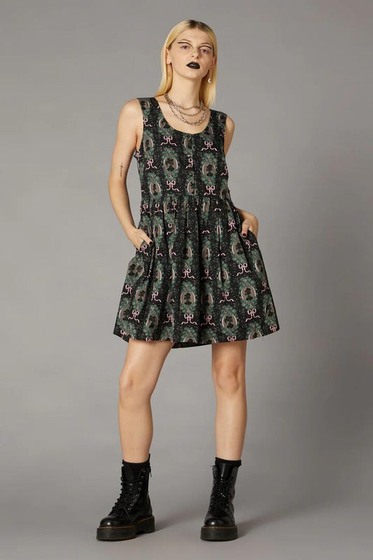 Image of a model wearing Dress. Productname: Spooky Cameo Print Dress in Black colour by brand - Black Friday