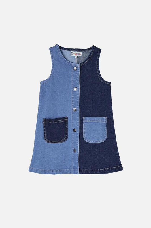 Image of a model wearing Dress. Productname: Split Wash Kids Pinafore in Denim colour by brand - Dangerkids