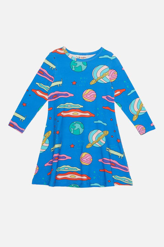 Image of a model wearing Dress. Productname: Planet B Kids Jersey Dress in Blue colour by brand - Dangerkids