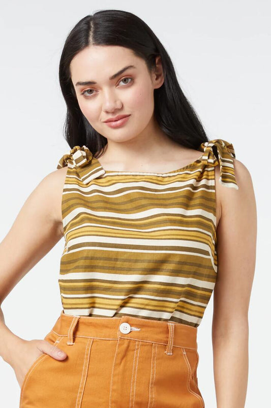 Image of a model wearing Tops. Productname: Winifred Stripe Top in Olive colour by brand - Princess Highway