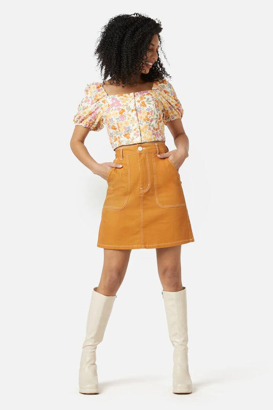 Image of a model wearing Skirts. Productname: Angie Skirt in Gold colour by brand - Princess Highway