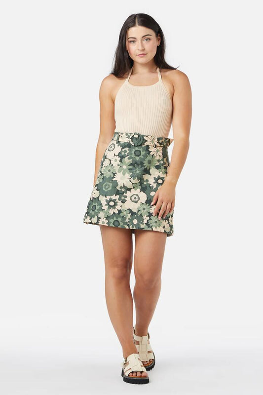 Image of a model wearing Skirts. Productname: Twiggy Floral Skirt in Gold colour by brand - Princess Highway