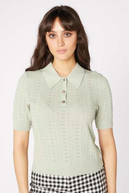 Image of a model wearing Tops. Productname: Polo Knit Top in Lilac colour by brand - Princess Highway