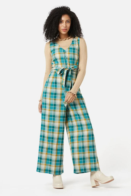 Image of a model wearing Outerwear. Productname: Laura Check Jumpsuit in Teal colour by brand - Princess Highway
