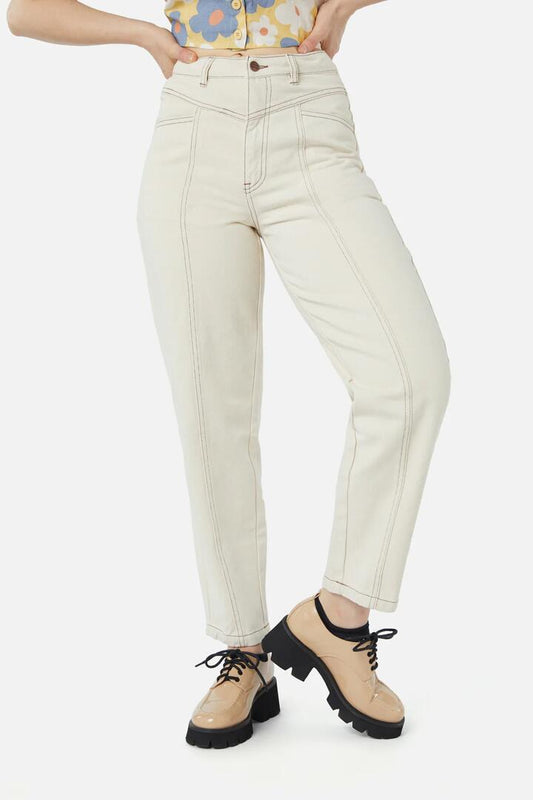 Image of a model wearing Denim. Productname: Avalon Jean in Cream colour by brand - Princess Highway