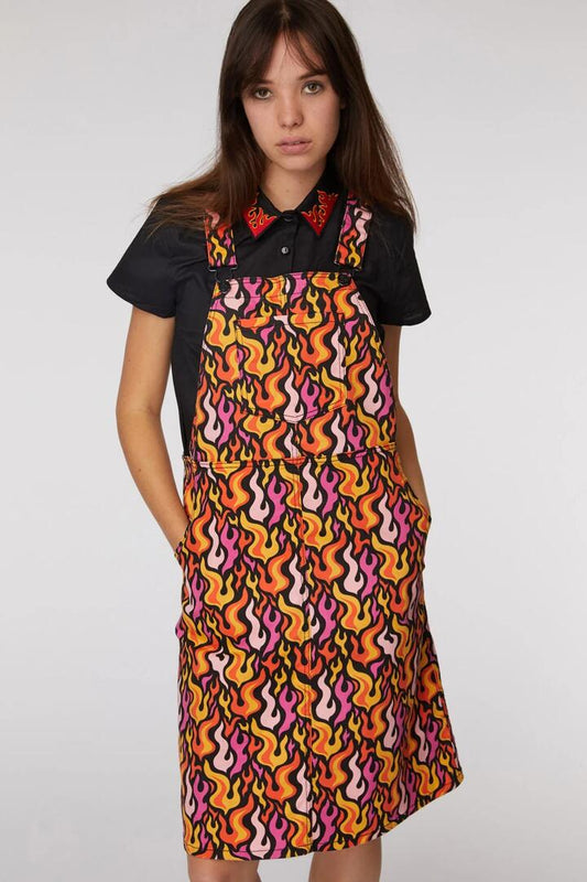 Image of a model wearing Dress. Productname: Fireproof Pinafore in Black colour by brand - Black Friday