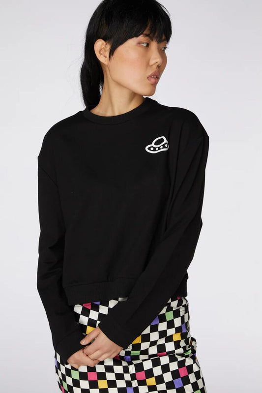 Image of a model wearing Outerwear. Productname: Not Of This World Sweater in Black colour by brand - Black Friday