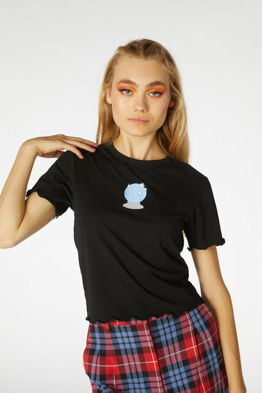 Image of a model wearing Tops. Productname: Crystal Ball Tee in Black colour by brand - Black Friday