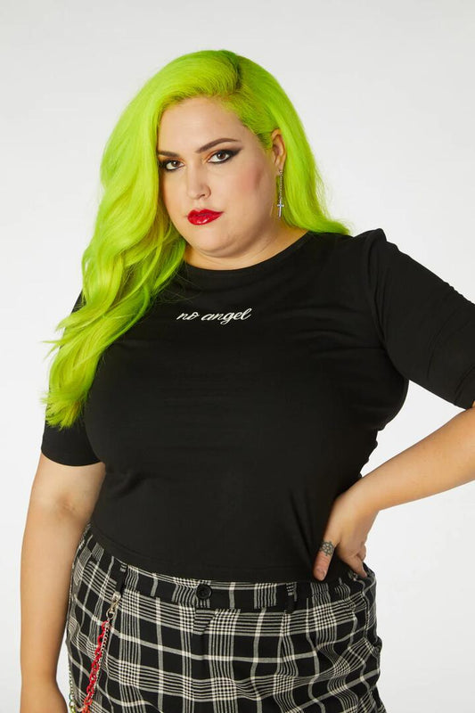 Image of a model wearing Tops. Productname: Angelic Tee Curve in Black colour by brand - Black Friday