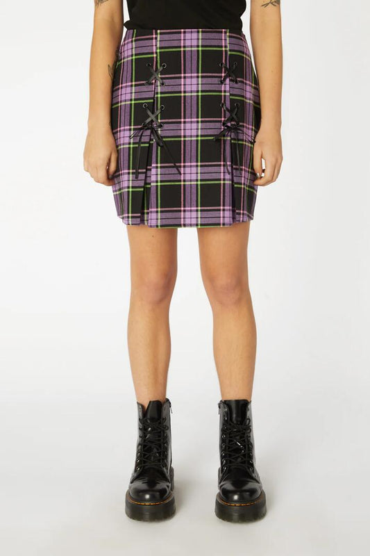 Image of a model wearing Skirts. Productname: Bright Tartan Skirt in Purple colour by brand - Black Friday