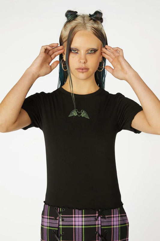 Image of a model wearing Tops. Productname: Embroidered Wings Grunge Tee in Black colour by brand - Black Friday