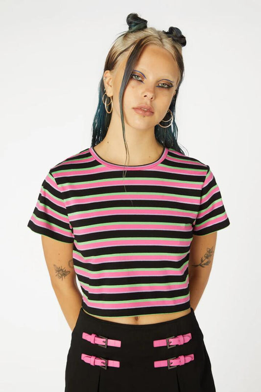 Image of a model wearing Tops. Productname: Neon Stripe Tee in Multi colour by brand - Black Friday
