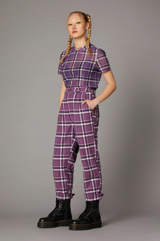 Image of a model wearing Pants. Productname: Purple Punk Tartan Pant in Purple colour by brand - Black Friday