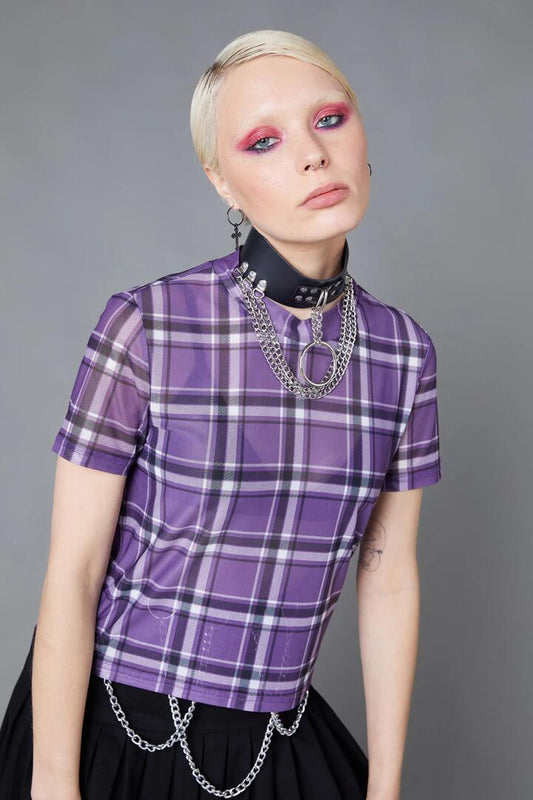 Image of a model wearing Tops. Productname: Purple Punk Tartan Mesh Top in Purple colour by brand - Black Friday