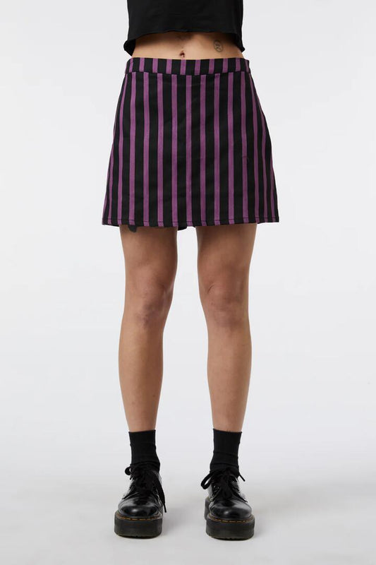 Image of a model wearing Skirts. Productname: Goth Stripe Drill Skort in Black/Purple colour by brand - Black Friday