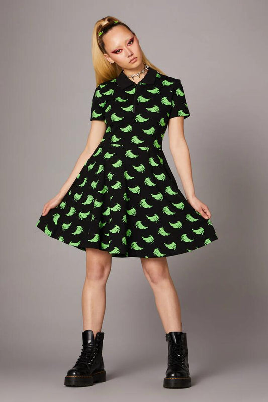 Image of a model wearing Dress. Productname: Green Ghost Collar Dress in Black/Green colour by brand - Black Friday