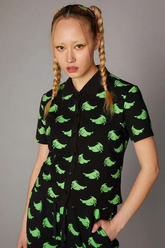 Image of a model wearing Tops. Productname: Green Ghost Collar Top in Black/Green colour by brand - Black Friday