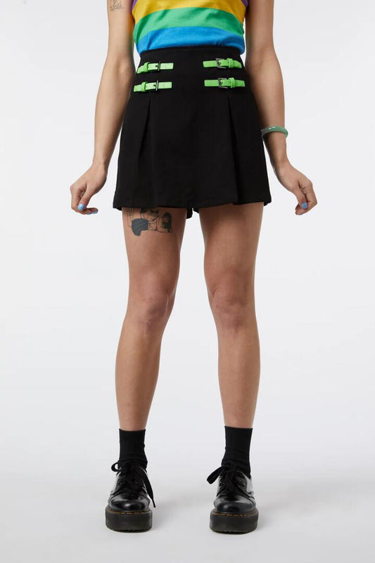 Image of a model wearing Skirts. Productname: Contrast Green Buckle Skort in Black colour by brand - Black Friday