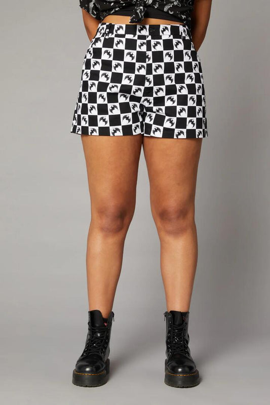Image of a model wearing Shorts. Productname: Bat Check Print Goth Short in Black/White colour by brand - Black Friday