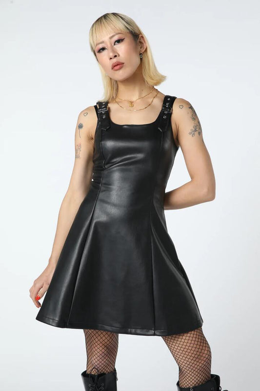 Image of a model wearing Dress. Productname: Runaways PU Strap Dress in Black colour by brand - Dangerfield