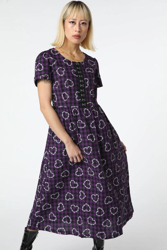 Image of a model wearing Dress. Productname: Barbed Heart Check Dress in Purple/Black colour by brand - Dangerfield