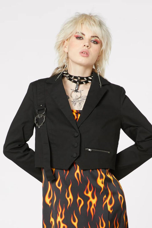 Image of a model wearing Outerwear. Productname: Grunge Cropped Blazer in Black colour by brand - Dangerfield