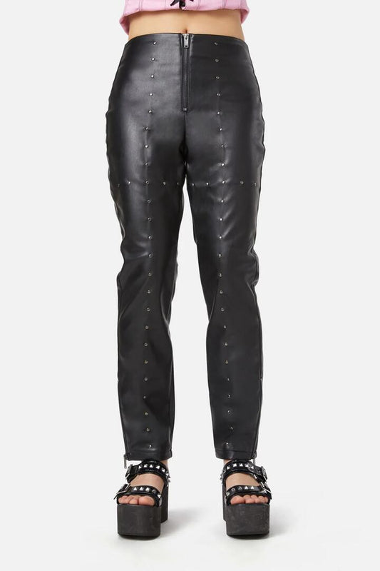 Image of a model wearing Pants. Productname: Goth Studded PU Leggings in Black colour by brand - Dangerfield
