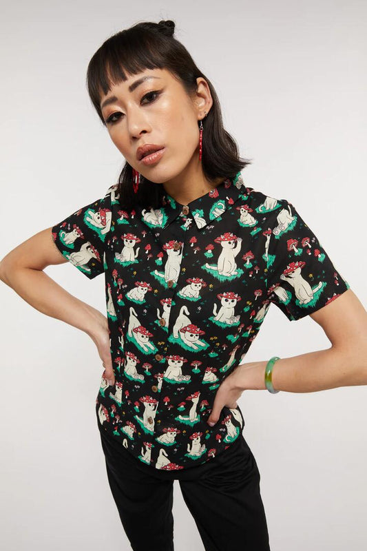 Image of a model wearing Tops. Productname: Shroom Cats Cotton Blouse in Black colour by brand - Dangerfield
