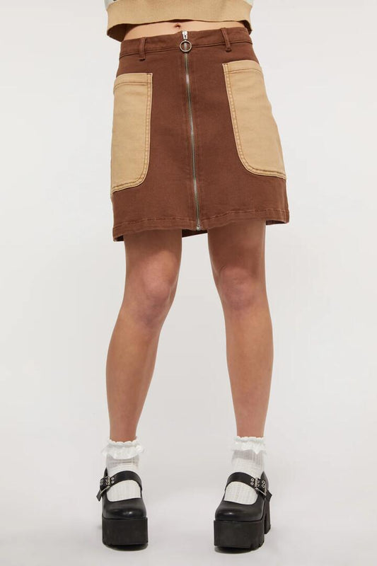 Image of a model wearing Skirts. Productname: Hamlet Split Drill Skirt in Brown colour by brand - Dangerfield