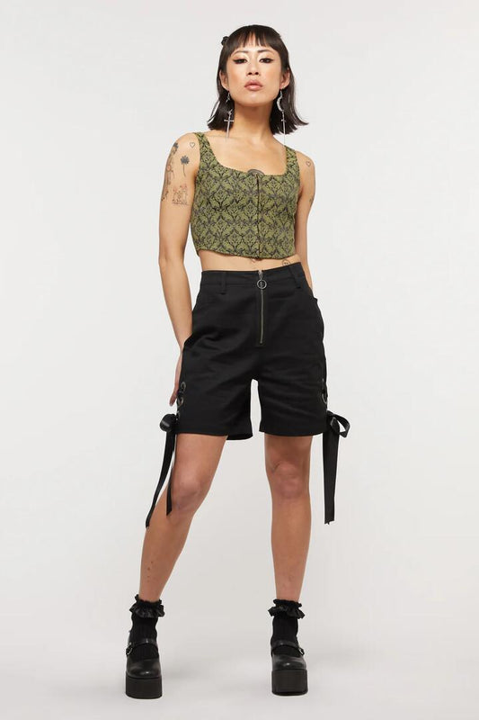 Image of a model wearing Shorts. Productname: Allure Lacing Drill Shorts in Black colour by brand - Dangerfield