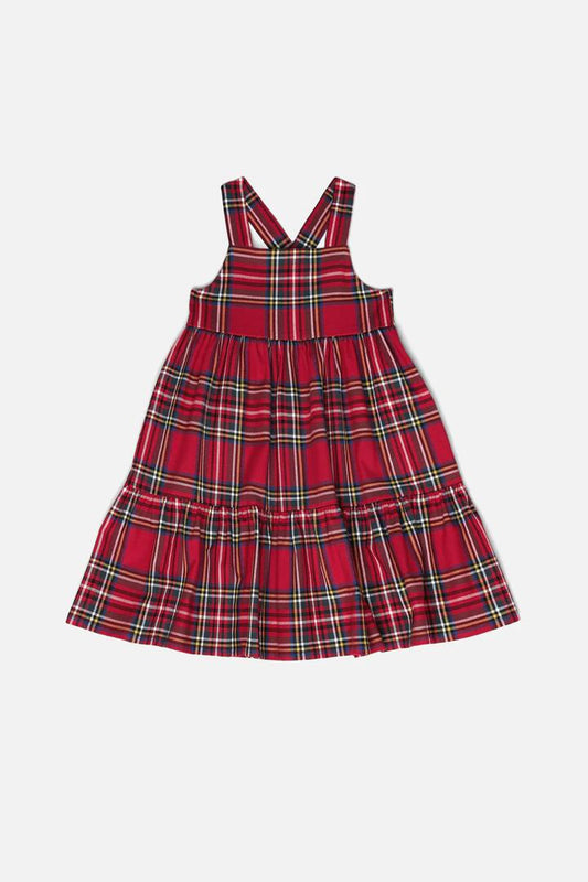 Image of a model wearing Dress. Productname: Hidden Creatures Kids Tiered Dress in Red colour by brand - Dangerkids