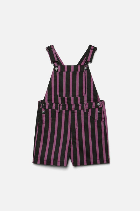 Image of a model wearing Pants. Productname: Goth Stripe Drill Kids Overall in Black/Purple colour by brand - Dangerkids