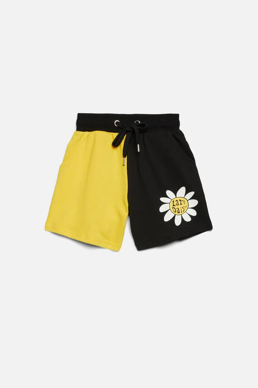 Image of a model wearing Shorts. Productname: Daisy Raglan Cotton Kids Shorts in Black/Yellow colour by brand - Dangerkids