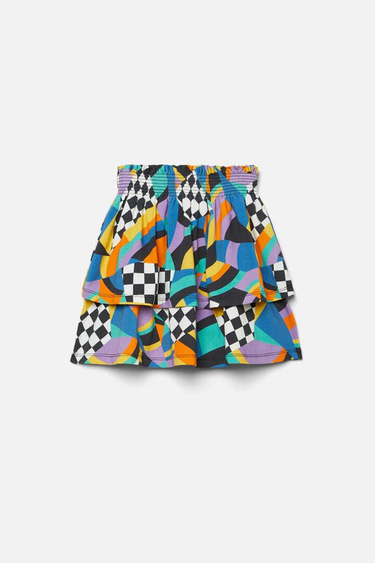 Image of a model wearing Skirts. Productname: Get A Clue Kids Tiered Jersey Skirt in Multi colour by brand - Dangerkids