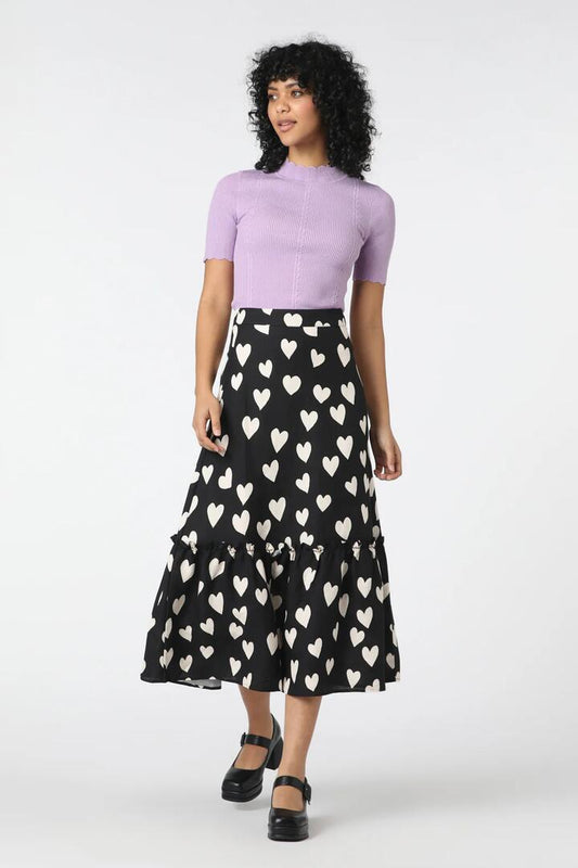 Image of a model wearing Skirts. Productname: Love Hearts Midi Skirt in Black colour by brand - Princess Highway