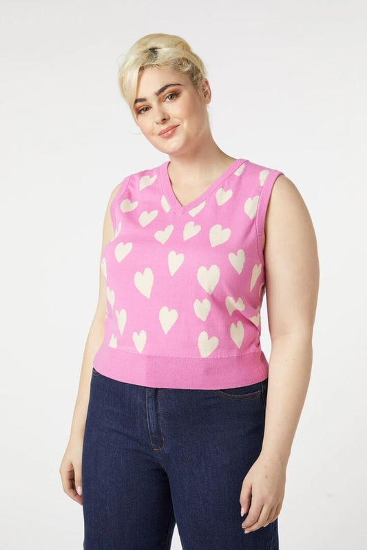 Image of a model wearing Tops. Productname: Love Hearts Vest in Pink colour by brand - Princess Highway