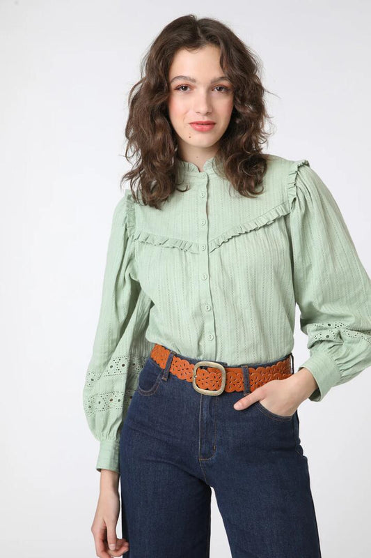 Image of a model wearing Tops. Productname: Scarlett Blouse in Green colour by brand - Princess Highway