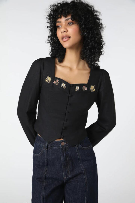 Image of a model wearing Tops. Productname: Native Blooms Top in Black colour by brand - Princess Highway