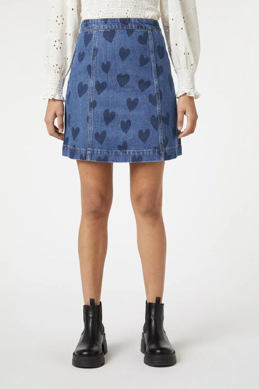 Image of a model wearing Skirts. Productname: Indigo Hearts Skirt in Denim colour by brand - Princess Highway
