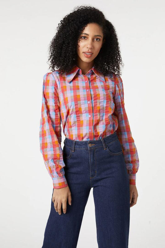 Image of a model wearing Tops. Productname: Peppa Check Shirt in Sunset colour by brand - Princess Highway