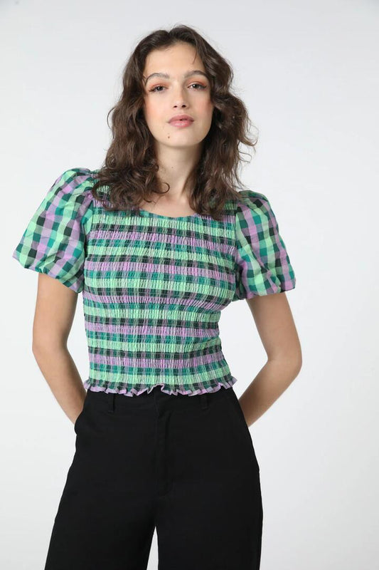 Image of a model wearing Tops. Productname: Peppa Check Top in Green colour by brand - Princess Highway