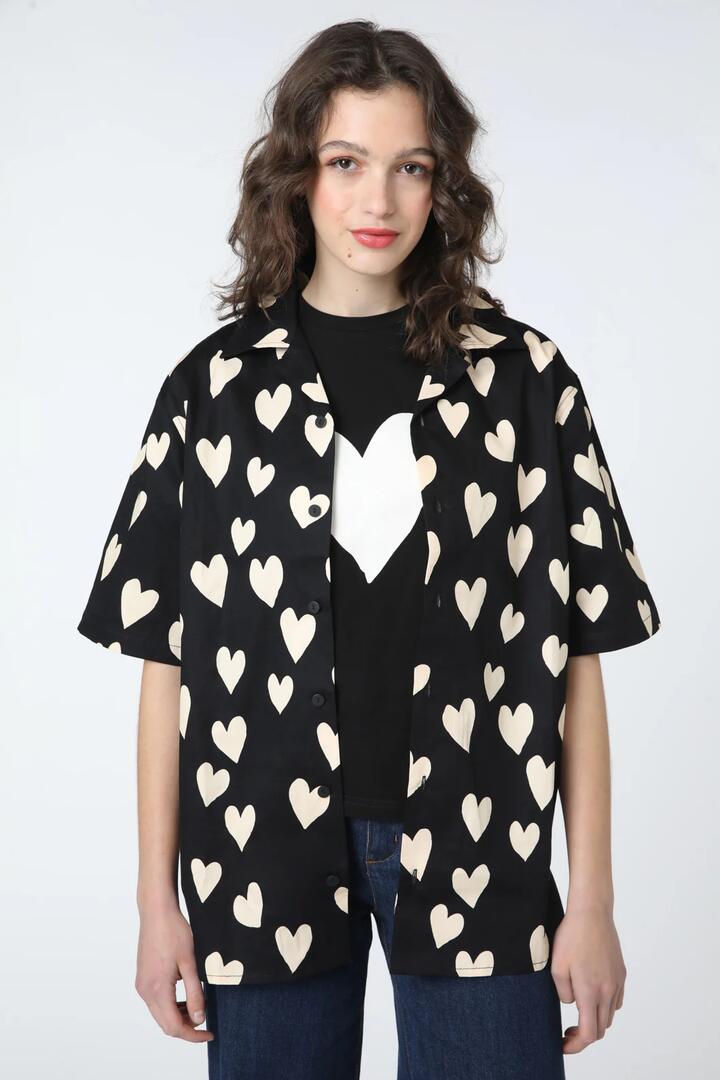 Image of a model wearing Tops. Productname: Hearts Everyone Shirt in Black colour by brand - Princess Highway